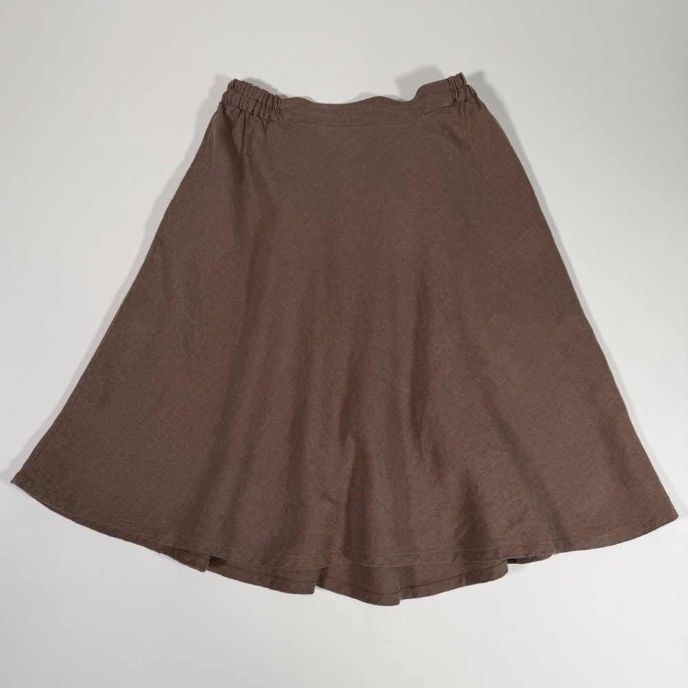 Linenbee 100 Linen Brown Pull-On A-Line Midi Skirt Pockets XS Small Cottagecore - Picture 2 of 8